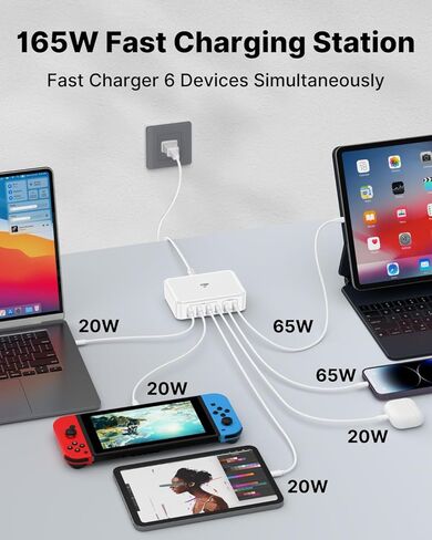 165W USB C Block Charger ، 6 Port Multi USB-C Charging Station ، 100W PD FAST USBC GAN Charger Station Hub Dock لأجهزة متعددة ، نوع الكمبيوتر المحمول C ، شحن MacBook/iPhone 16/iPad/Galaxy S25 (سلك 5 قدم) in Kuwait