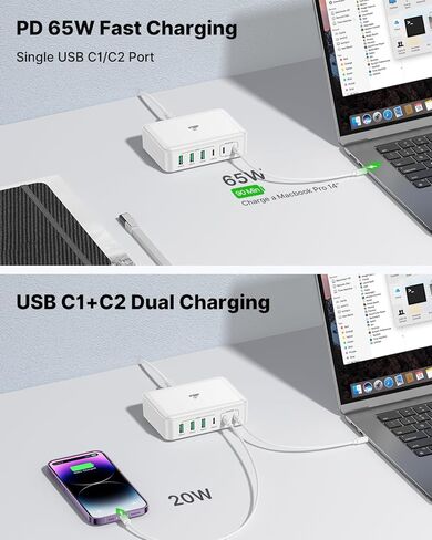 165W USB C Block Charger ، 6 Port Multi USB-C Charging Station ، 100W PD FAST USBC GAN Charger Station Hub Dock لأجهزة متعددة ، نوع الكمبيوتر المحمول C ، شحن MacBook/iPhone 16/iPad/Galaxy S25 (سلك 5 قدم) in Kuwait