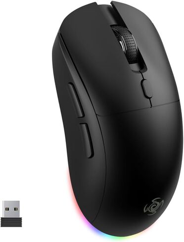 ماوس ألعاب لاسلكي، ثلاثي الوضع لاسلكي (BT/2.4G/USB)، دقة 6 مستويات 4800 نقطة في البوصة، إضاءة RGB، تصميم مريح، 6 أزرار ماكرو، قابلة للشحن للكمبيوتر الشخصي/Mac/الكمبيوتر المحمول (أسود) in Kuwait