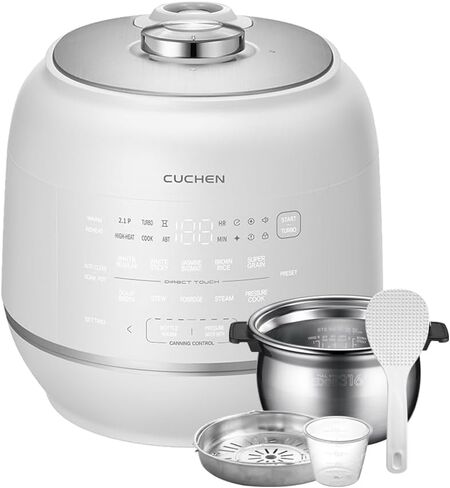 Cuchen CRT-RPK1070WUS 2.1 جهاز طبخ الأرز بتسخين عالي الضغط للغاية 10 أكواب وأكثر دفئًا، نظام قفل الطاقة الكامل المقاوم للصدأ، تنظيف بالبخار تلقائيًا، دليل صوتي، صنع في كوريا، أبيض in Saudi Arabia