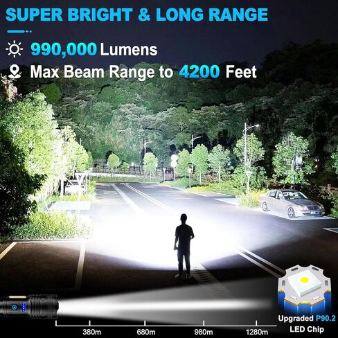Alicegirl Rechargeable Flashlights High Lumens, 99000LM Super Bright Flashlight, Adjustable Powerful Flash Light with 8 Modes & COB Light, Waterproof Handheld Flashlight for Home Camping in Saudi Arabia