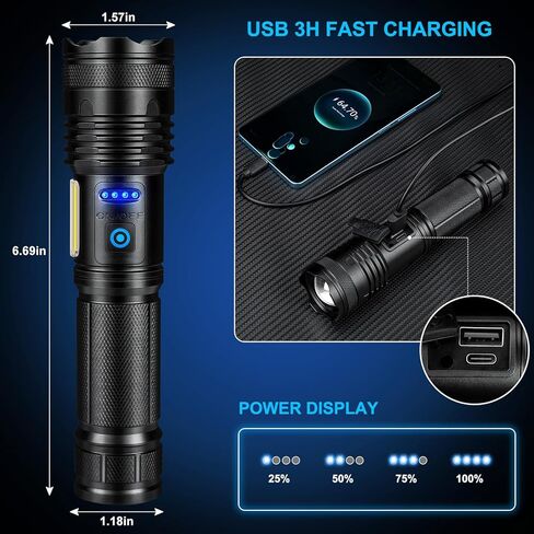 Alicegirl Rechargeable Flashlights High Lumens, 99000LM Super Bright Flashlight, Adjustable Powerful Flash Light with 8 Modes & COB Light, Waterproof Handheld Flashlight for Home Camping in Saudi Arabia