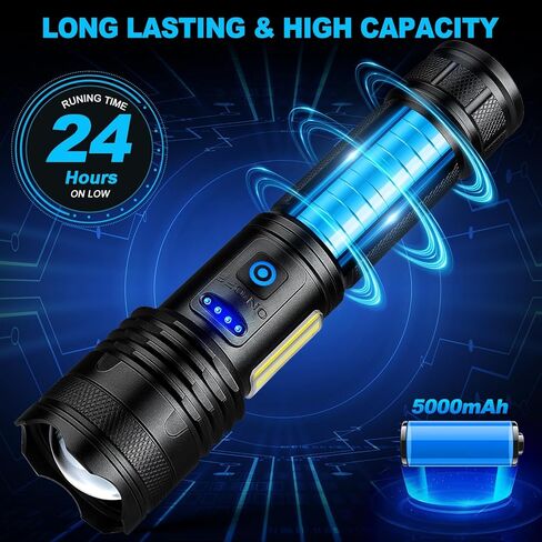 Alicegirl Rechargeable Flashlights High Lumens, 99000LM Super Bright Flashlight, Adjustable Powerful Flash Light with 8 Modes & COB Light, Waterproof Handheld Flashlight for Home Camping in Saudi Arabia