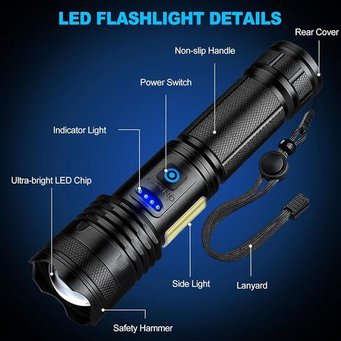 Alicegirl Rechargeable Flashlights High Lumens, 99000LM Super Bright Flashlight, Adjustable Powerful Flash Light with 8 Modes & COB Light, Waterproof Handheld Flashlight for Home Camping in Saudi Arabia