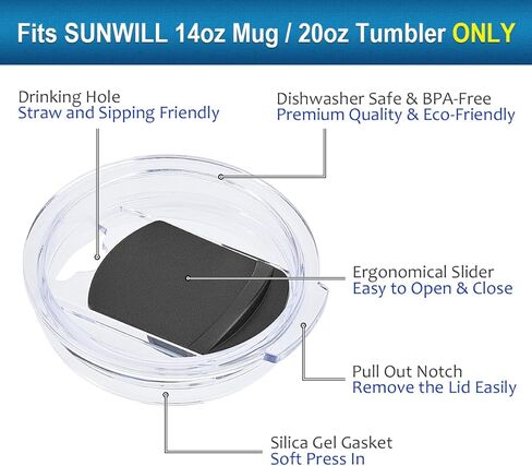 غطاء لأكواب SUNWILL سعة 14 أونصة وأكواب سعة 20 أونصة فقط، أغطية منزلقة مقاومة للرذاذ بديلة 2 عبوة سوداء، صديقة للقش، خالية من مادة BPA in Kuwait