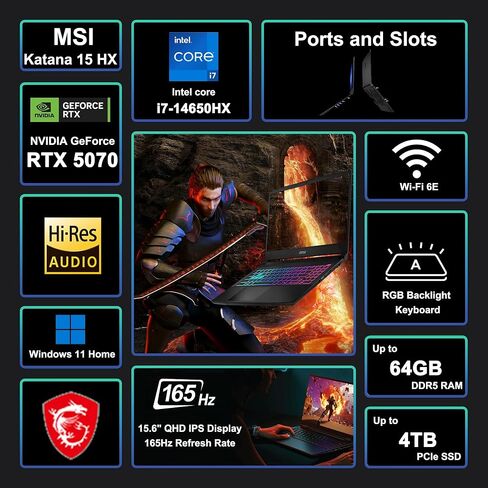 msi Katana 15 HX Gaming Laptop 15.6" QHD IPS 165Hz (100% DCI-P3) Intel 16-core i7-14650HX (>i9-12900H) 32GB DDR5 2TB SSD GeForce RTX 5070 DLSS4 (Up to 798 AI Tops) RGB Backlit Type-C Win11 ICP Hub in Saudi Arabia