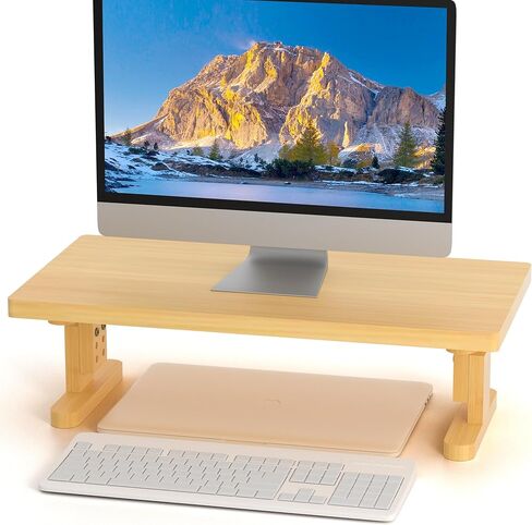 Bamboo Monitor Stand Riser for Desk, Height Adjustable Computer Riser & Laptop Stand, Ergonomic Desktop Organizer Shelf W/ Underneath Storage, Sturdy 100 lbs Capacity for Printer/TV/Home Office in Saudi Arabia