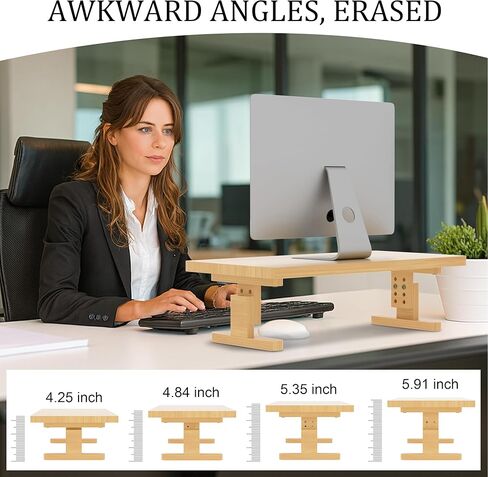 Bamboo Monitor Stand Riser for Desk, Height Adjustable Computer Riser & Laptop Stand, Ergonomic Desktop Organizer Shelf W/ Underneath Storage, Sturdy 100 lbs Capacity for Printer/TV/Home Office in Saudi Arabia