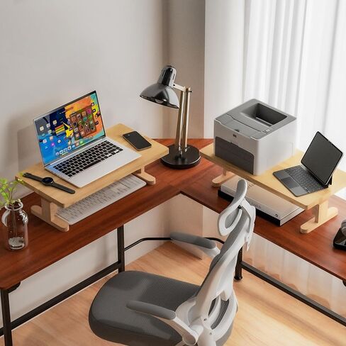 Bamboo Monitor Stand Riser for Desk, Height Adjustable Computer Riser & Laptop Stand, Ergonomic Desktop Organizer Shelf W/ Underneath Storage, Sturdy 100 lbs Capacity for Printer/TV/Home Office in Saudi Arabia