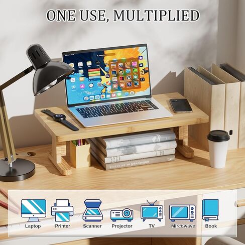 Bamboo Monitor Stand Riser for Desk, Height Adjustable Computer Riser & Laptop Stand, Ergonomic Desktop Organizer Shelf W/ Underneath Storage, Sturdy 100 lbs Capacity for Printer/TV/Home Office in Saudi Arabia