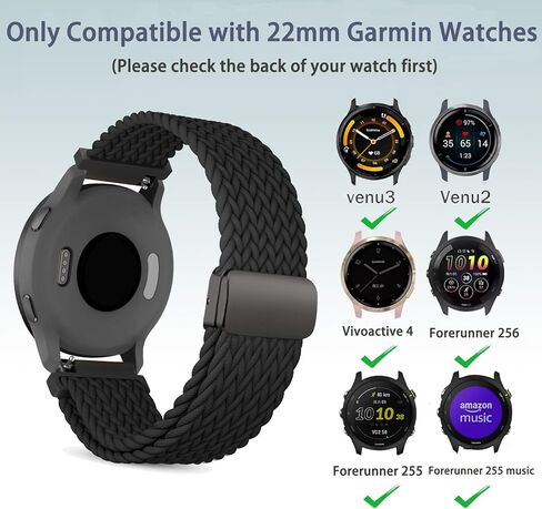 22mm Braided Nylon Watch Band Compatible with Garmin Garmin Vivoactive 4/Venu 3/Venu 2, Magnetic Stretchy Elastic Fabric Strap for Forerunner 265/255/255 Music Women Men in Saudi Arabia