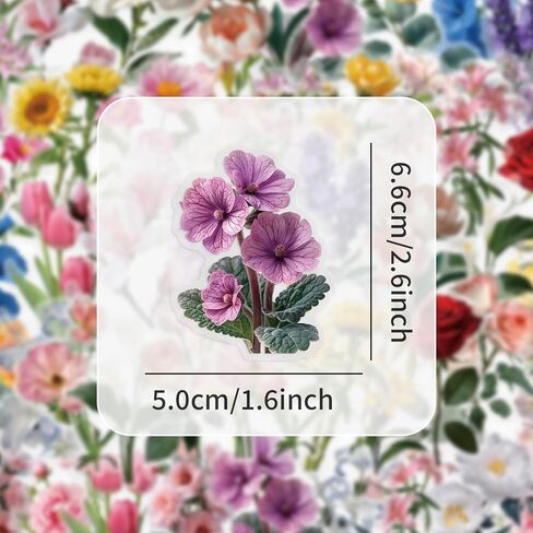 50 Pieces Vintage Flower Stickers Set - 3.4"×1.9‘’ Waterproof Clear Botanical Floral Journaling Sticker for Scrapbooking Junk Journal Supplies Bullet Journals Planner Collage Laptop Paper Crafts in Saudi Arabia