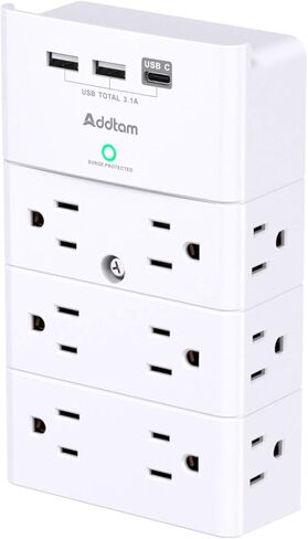 منفذ متعدد المكونات - حامل جداري واقي من زيادة التيار مع 12 منفذ موسع - 3 جوانب و3 منافذ USB (1 USB-C)، شريط طاقة مقسم للمنزل والمكتب والفندق، أبيض in Kuwait