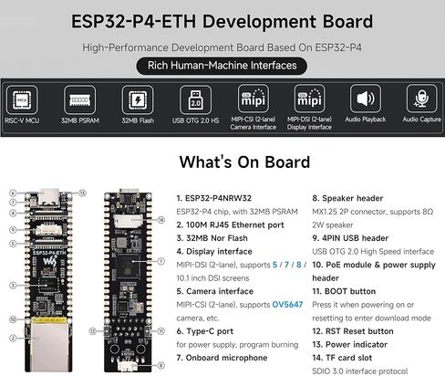 لوحة تطوير ESP32-P4 PoE ETH، استنادًا إلى ESP32-P4، منفذ إيثرنت RJ45 بسرعة 100 ميجابت في الثانية، واجهات غنية بين الإنسان والآلة، تدعم تفاعل الكلام بالذكاء الاصطناعي، مع وحدة PoE + كاميرا + مكبر صوت (8 عناصر) in Kuwait