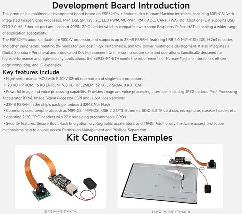 لوحة تطوير ESP32-P4 PoE ETH، استنادًا إلى ESP32-P4، منفذ إيثرنت RJ45 بسرعة 100 ميجابت في الثانية، واجهات غنية بين الإنسان والآلة، تدعم تفاعل الكلام بالذكاء الاصطناعي، مع وحدة PoE + كاميرا + مكبر صوت (8 عناصر) in Kuwait