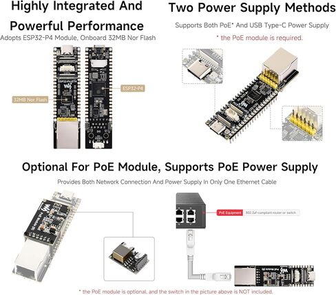 لوحة تطوير ESP32-P4 PoE ETH، استنادًا إلى ESP32-P4، منفذ إيثرنت RJ45 بسرعة 100 ميجابت في الثانية، واجهات غنية بين الإنسان والآلة، تدعم تفاعل الكلام بالذكاء الاصطناعي، مع وحدة PoE + كاميرا + مكبر صوت (8 عناصر) in Kuwait