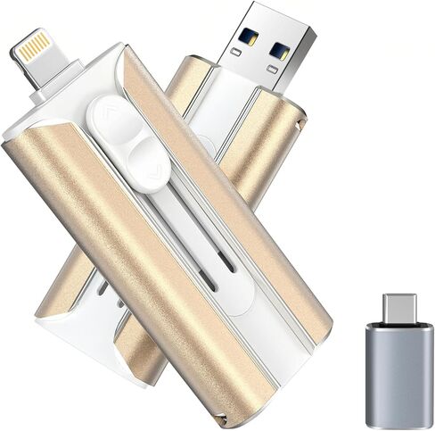 محرك أقراص فلاش USB سعة 64 جيجابايت معتمد من MFI لأجهزة iPhone وiPad وAndroid والكمبيوتر الشخصي، عصا ذاكرة USB للصور/الفيديو، محرك فلاش خارجي لحفظ الصور (المساحة المتوفرة: ~58 جيجابايت)، ذهبي in Kuwait