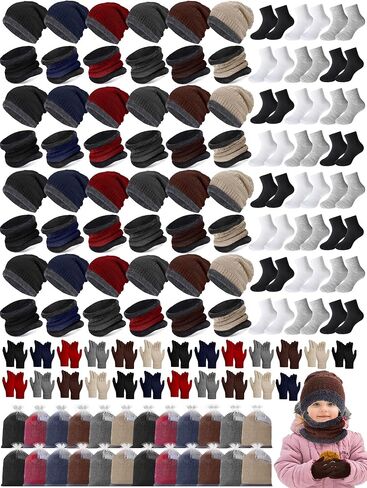 Kids Winter Hat Glove Scarf Sock Sets Bulk Boys Girls Warm Knitted Fleece Beanies with Organza Bags Winter Gifts in Saudi Arabia