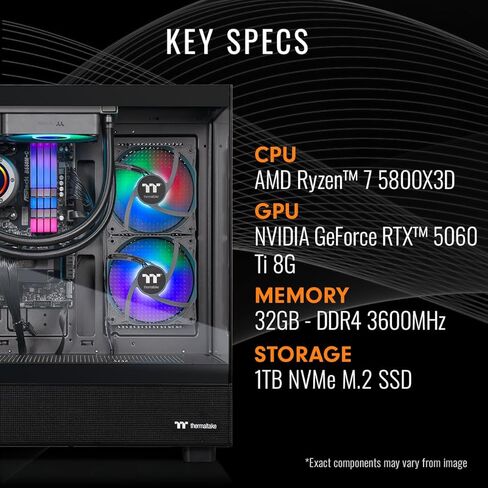 سطح المكتب للألعاب Thermaltake LCGS View 5860T-270 (AMD Ryzen™ 7 5800X3D، ToughRam DDR4 3600Mhz 32GB ذاكرة RGB، NVIDIA® GeForce RTX™ 5060 Ti 8GB، 1 تيرابايت NVMe M.2، WiFi، Windows 11) V27B-B55K-56T-LCS in Saudi Arabia