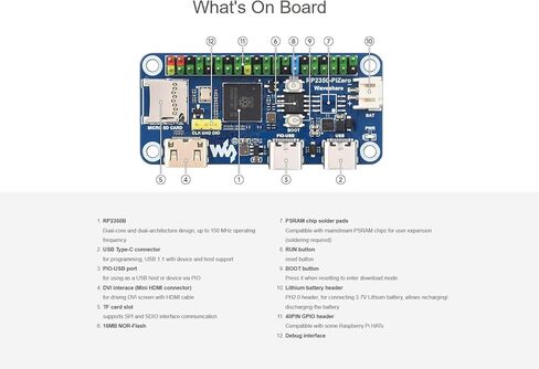لوحة تطوير وحدة التحكم الدقيقة RP2350-PiZero بناءً على Raspberry Pi RP2350، واجهة DVI المدمجة، فتحة بطاقة TF ومنفذ PIO-USB، متوافقة مع رأس Raspberry Pi 40PIN GPIO، فلاش 16 ميجابايت in Kuwait
