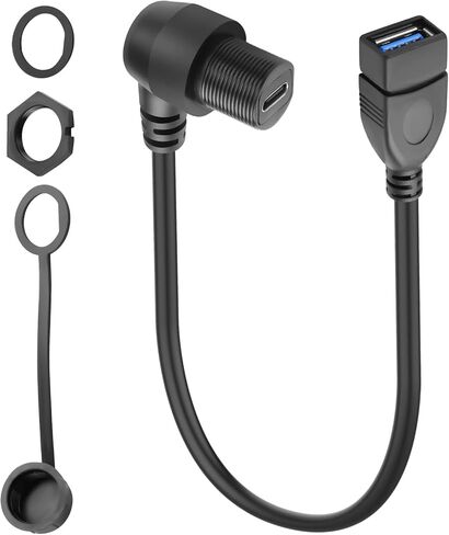 QIANRENON USB3.0 إلى النوع C موصل كابل قصير مقاوم للماء ذو ​​زاوية قائمة USB 3.0 أنثى إلى USB C 90 درجة زاوية أنثى محول تركيب اللوحة الأمامية 5 جيجابت في الثانية 5 فولت/3 أمبير، مثبت على لوحة القيادة، 30 سم/11.8 بوصة in Kuwait