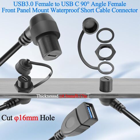 QIANRENON USB3.0 إلى النوع C موصل كابل قصير مقاوم للماء ذو ​​زاوية قائمة USB 3.0 أنثى إلى USB C 90 درجة زاوية أنثى محول تركيب اللوحة الأمامية 5 جيجابت في الثانية 5 فولت/3 أمبير، مثبت على لوحة القيادة، 30 سم/11.8 بوصة in Kuwait
