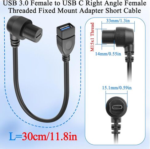 QIANRENON USB3.0 إلى النوع C موصل كابل قصير مقاوم للماء ذو ​​زاوية قائمة USB 3.0 أنثى إلى USB C 90 درجة زاوية أنثى محول تركيب اللوحة الأمامية 5 جيجابت في الثانية 5 فولت/3 أمبير، مثبت على لوحة القيادة، 30 سم/11.8 بوصة in Kuwait