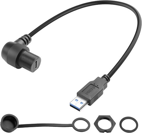 QIANRENON USB 3.0 إلى USB C 90 درجة زاوية ملولبة ثابتة محول كابل قصير مقاوم للماء USB3.0 ذكر إلى النوع C الزاوية اليمنى أنثى موصل تثبيت اللوحة الأمامية 5 جيجابت في الثانية 5 فولت/3 أمبير، مثبت على لوحة القيادة، 30 سم/11.8 بوصة in Kuwait