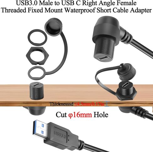 QIANRENON USB 3.0 إلى USB C 90 درجة زاوية ملولبة ثابتة محول كابل قصير مقاوم للماء USB3.0 ذكر إلى النوع C الزاوية اليمنى أنثى موصل تثبيت اللوحة الأمامية 5 جيجابت في الثانية 5 فولت/3 أمبير، مثبت على لوحة القيادة، 30 سم/11.8 بوصة in Kuwait