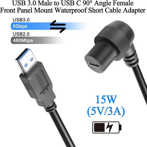 QIANRENON USB 3.0 إلى USB C 90 درجة زاوية ملولبة ثابتة محول كابل قصير مقاوم للماء USB3.0 ذكر إلى النوع C الزاوية اليمنى أنثى موصل تثبيت اللوحة الأمامية 5 جيجابت في الثانية 5 فولت/3 أمبير، مثبت على لوحة القيادة، 30 سم/11.8 بوصة in Kuwait