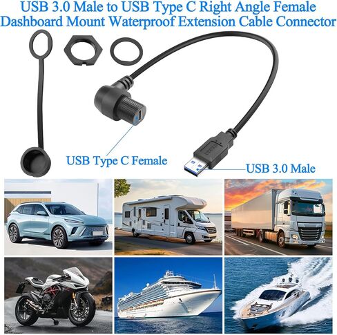 QIANRENON USB 3.0 إلى USB C 90 درجة زاوية ملولبة ثابتة محول كابل قصير مقاوم للماء USB3.0 ذكر إلى النوع C الزاوية اليمنى أنثى موصل تثبيت اللوحة الأمامية 5 جيجابت في الثانية 5 فولت/3 أمبير، مثبت على لوحة القيادة، 30 سم/11.8 بوصة in Kuwait