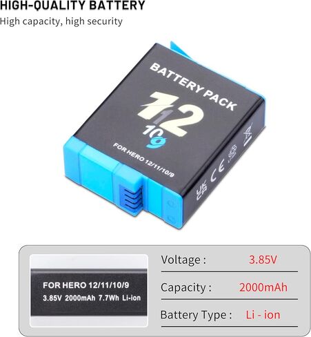 3-Pack Hero 12/11/10/9 Batteries with Quick Triple Slot Compatible with Hero 12, Hero 11, Hero 10, Hero 9 Black Sport Action Camera 2000mAh in Saudi Arabia