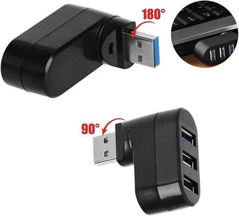 Mini USB Hub, 3 Port 90 and 180 Degree Rotatable Swivel Hub, Portable Compact USB 3.0 Data for Laptop, Desktop PC, Space Saving Design (Black) in Saudi Arabia