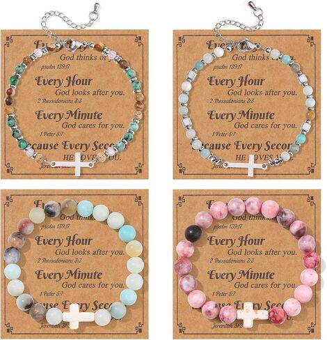 4PCS Cross Bracelets for Women Christian Gifts - 4MM 8MM Beaded Cross Bracelet Inspirational Christmas Confirmation Baptism Birthday Gifts Natural Stone Bracelets Jewelry in Kuwait