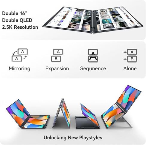 شاشة EHOMEWEI X1 Pro مزدوجة، 2K 60 هرتز 16 بوصة * 2 شاشات محمولة لتوسيع الكمبيوتر المحمول 2560 * 1600 100% DCI-P3 HDR 400 cd/㎡ سطوع لهاتف الألعاب/التبديل/Windows MacOS بدون لمس القلم in Kuwait