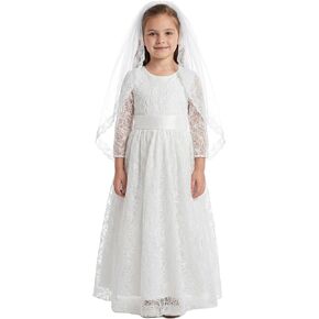 LalaMira First Communion Dress with Veil 3/4 Sleeve Flower Girl Dress Wedding Gown Floral Lace Baptism Christening Dance in Kuwait