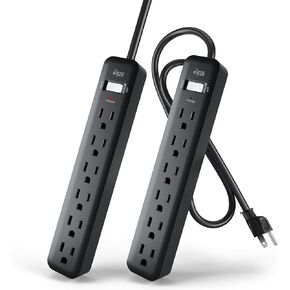 KMC 6-Outlet Power Strip, 2-Pack, 2-Foot Short Extension Cord with Multiple Outlets, 6 AC Power Outlet Power Bar, Flat Plug Powerstrip, 2pk Power Strips, Black in Saudi Arabia