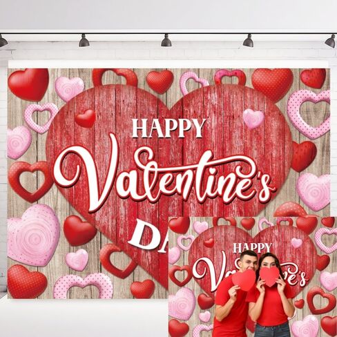 INRUI Happy Valentine's Day Photography Backdrop Rustic Wood Red Love Heart Valentine's Day Theme Bridal Baby Shower Party Decorations Banner (7x5FT) in Saudi Arabia