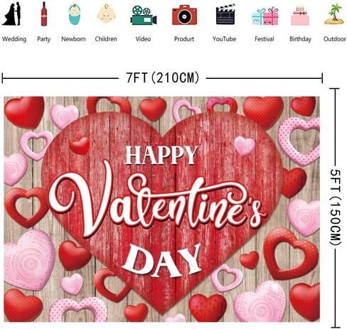 INRUI Happy Valentine's Day Photography Backdrop Rustic Wood Red Love Heart Valentine's Day Theme Bridal Baby Shower Party Decorations Banner (7x5FT) in Saudi Arabia