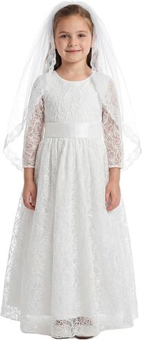 LalaMira First Communion Dress with Veil 3/4 Sleeve Flower Girl Dress Wedding Gown Floral Lace Baptism Christening Dance in Kuwait