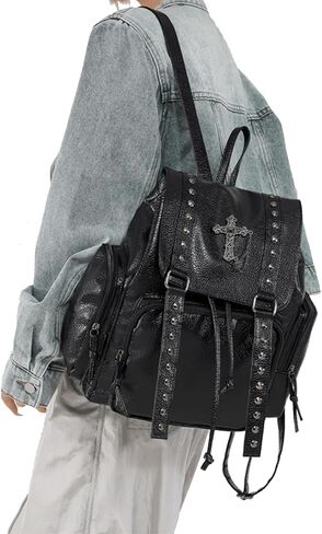 Studded Backpack Cross Metal Studs Y2k Purse Punk Backpack for Women 2000s Goth Edgy Daypack Gothic Daily Party Club(Black) in Saudi Arabia