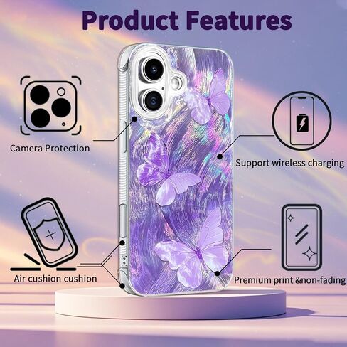 Compatible with iPhone 17 Case,with [Shockproof Protective][Camera Protection] Cute Butterfly Aesthetic Phone Cover Anti-Yellowing Soft Slim Cover for Women Girl-Purple in Saudi Arabia