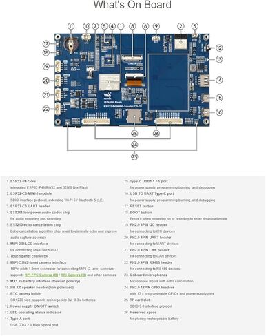 ESP32-P4-WIFI6 لوحة تطوير شاشة تعمل باللمس IPS مقاس 7 بوصات مع كاميرا OV5647، استنادًا إلى ESP32-P4 وESP32-C6 دقة 1024 × 600 شاشة تعمل باللمس بخمس نقاط تدعم Wi-Fi 6 / Bluetooth 5 (LE) in Kuwait
