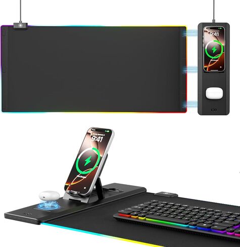 لوحة ماوس KDD مع حامل هاتف قابل للطي - قاعدة شحن لاسلكية بسرعة 15 وات - لوحة ماوس ألعاب RGB مع سطح فائق النعومة، قاعدة غير قابلة للانزلاق - حصيرة لوحة مفاتيح لملحقات مكتب ألعاب المنزل والمكتب in Saudi Arabia