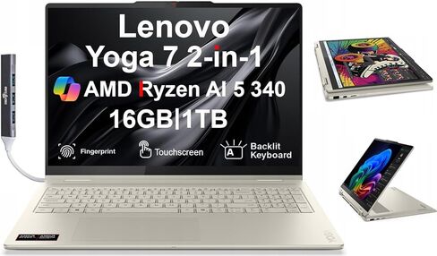 Lenovo Yoga AI PC 2-in-1 LAPTOP 16.0 "شاشة تعمل باللمس IPS Wuxga (AMD Ryzen AI 5 340 ، 16GB LPDDR5X ، 2TB M.2 PCIE SSD ، Lacklit KB ، Phinsprint ، WIFI 7 ، WebCAM ، WIN 11 Pro) W/DKZ USB Port in Saudi Arabia