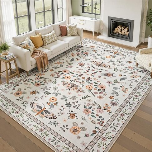 Foxmas Washable Area Rugs for Living Room, 4x6 Non-Slip Butterfly Floral Print Throw Rug, Low Pile Modern Indoor Floor Rug, Carpet for Bedroom Dining Room Laundry Room Kitchen Home Office，Black in Saudi Arabia