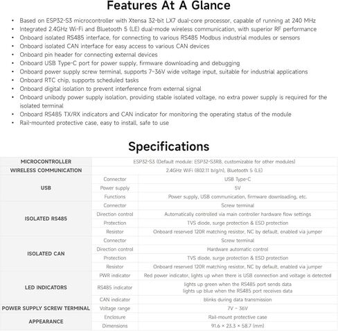 Waveshare Industrial ESP32-S3 Control Board with RS485 and CAN Communication Interfaces, Wi-Fi/Bluetooth Support, Built-in Multiple Protection Circuits in Kuwait