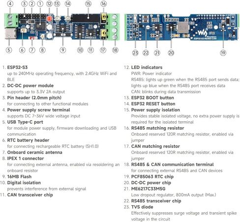 Waveshare Industrial ESP32-S3 Control Board with RS485 and CAN Communication Interfaces, Wi-Fi/Bluetooth Support, Built-in Multiple Protection Circuits in Kuwait