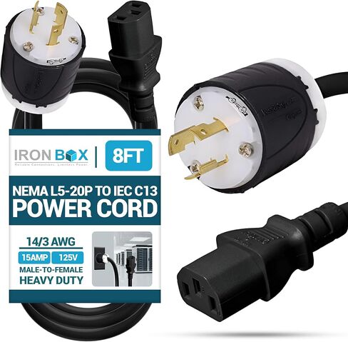 IronBox Electric - NEMA L5-20P to IEC C13 Power Cord - Rated for 15A/125V - Heavy Duty 14/3 AWG Jacket - Durable Extension Cable - Locking Plug for Servers, IT Equipment, and Data Centers (8 Feet) in Saudi Arabia