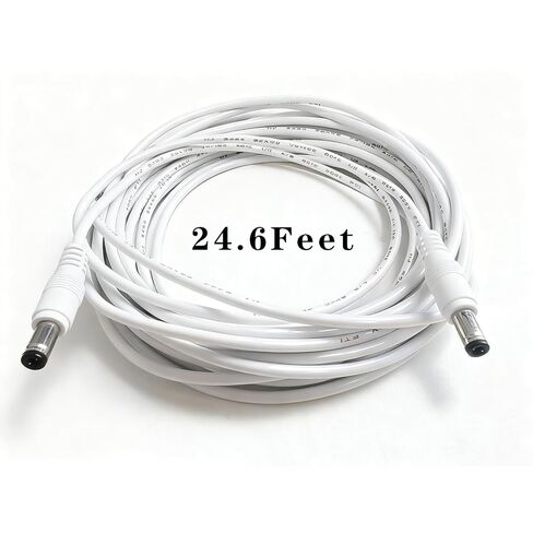DC 5525 Male to Male White Cable, 25 ft Long Extension Cord for LED, CCTV Cameras, Car, Monitors, Waterproof in Kuwait